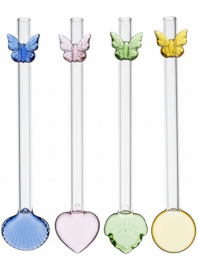 Luxury Handmade Borosilicate Glass Straw Spoon Set of 4 with Decorative Butterfly Design – Dual Function Straw and Spoon for Hot and Cold Drinks, Bubble Tea, Smoothies, Milkshakes and Cocktails – Reusable Eco Friendly Glass Drinkware Accessories - Image 1